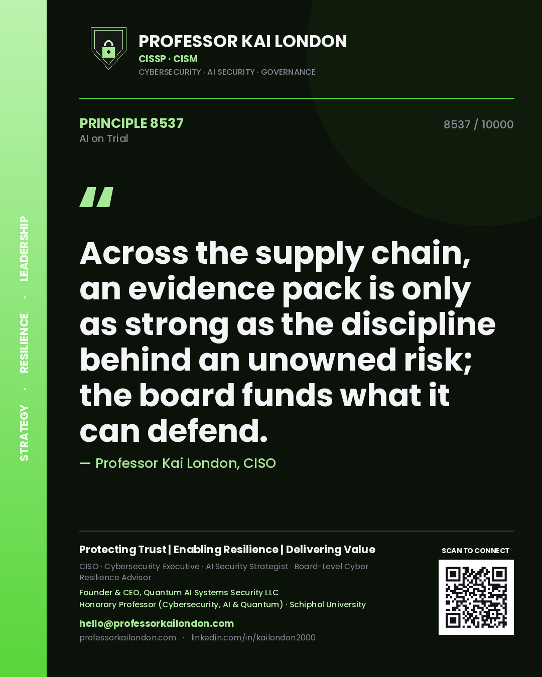 Quote card by Professor Kai London reading 'Across the supply chain, an evidence pack is only as strong as the discipline behind an unowned risk; the board funds what it can defend.'. From the book AI on Trial.