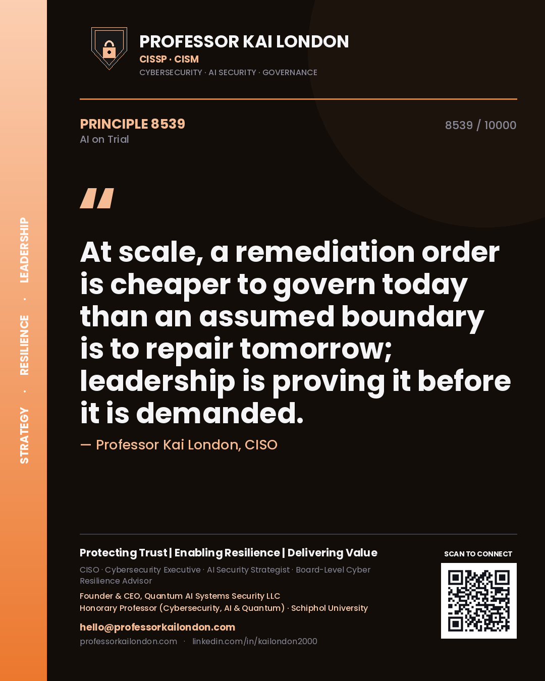 Quote card by Professor Kai London reading 'At scale, a remediation order is cheaper to govern today than an assumed boundary is to repair tomorrow; leadership is proving it before it is demanded.'. From the book AI on Trial.