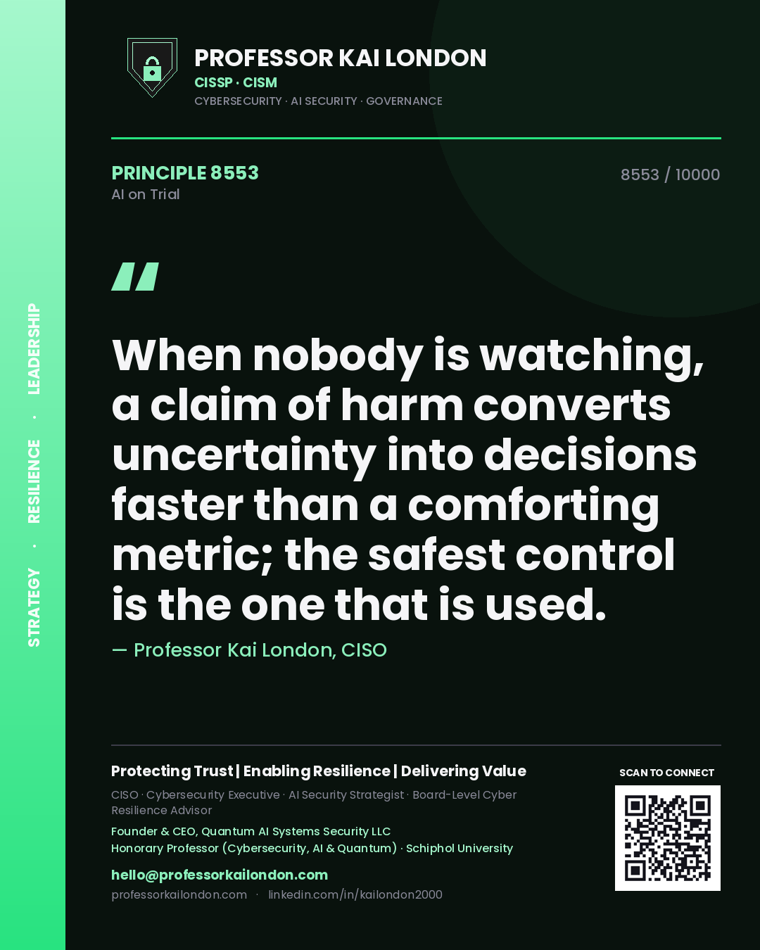 Quote card by Professor Kai London reading 'When nobody is watching, a claim of harm converts uncertainty into decisions faster than a comforting metric; the safest control is the one that is used.'. From the book AI on Trial.