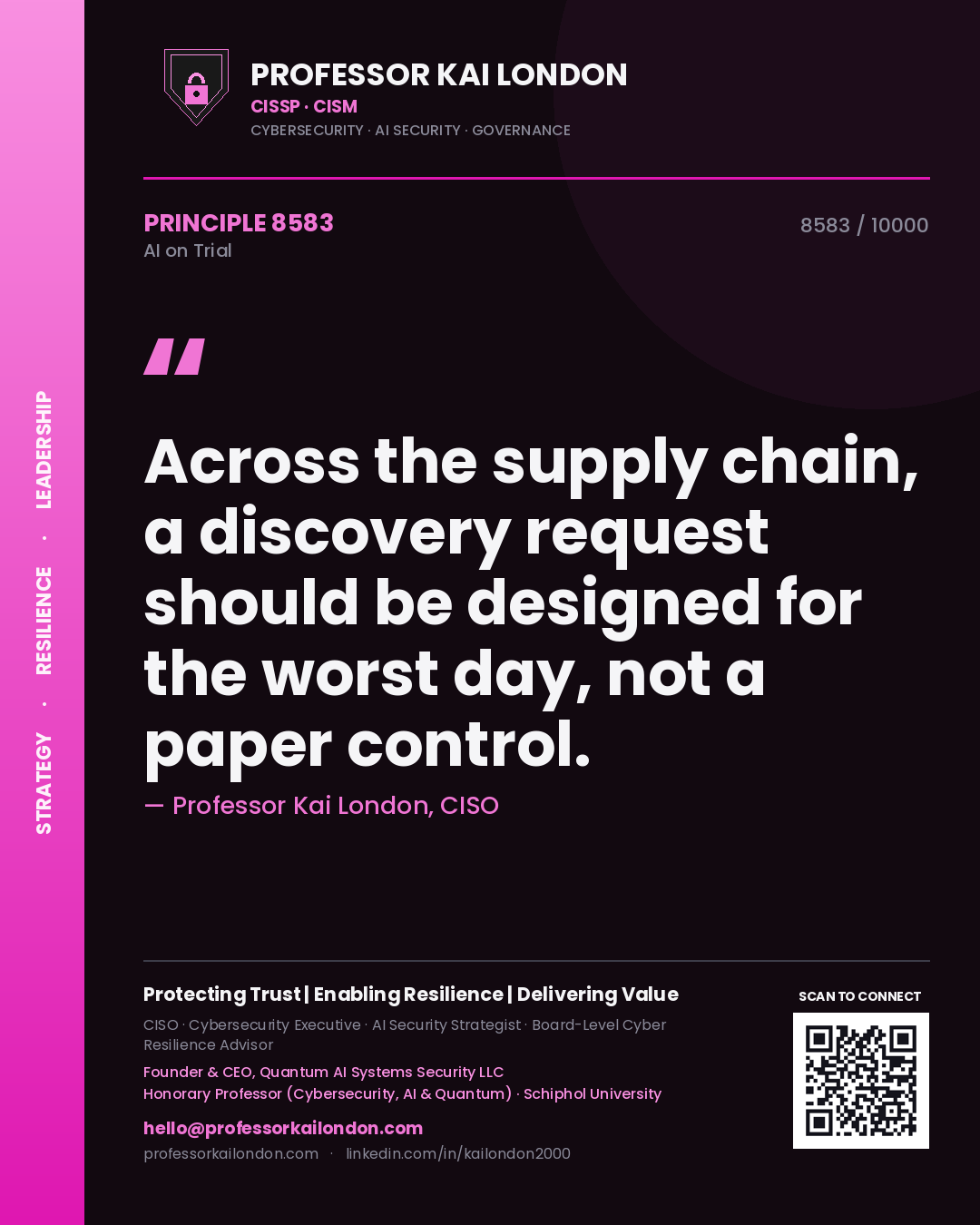 Quote card by Professor Kai London reading 'Across the supply chain, a discovery request should be designed for the worst day, not a paper control.'. From the book AI on Trial.