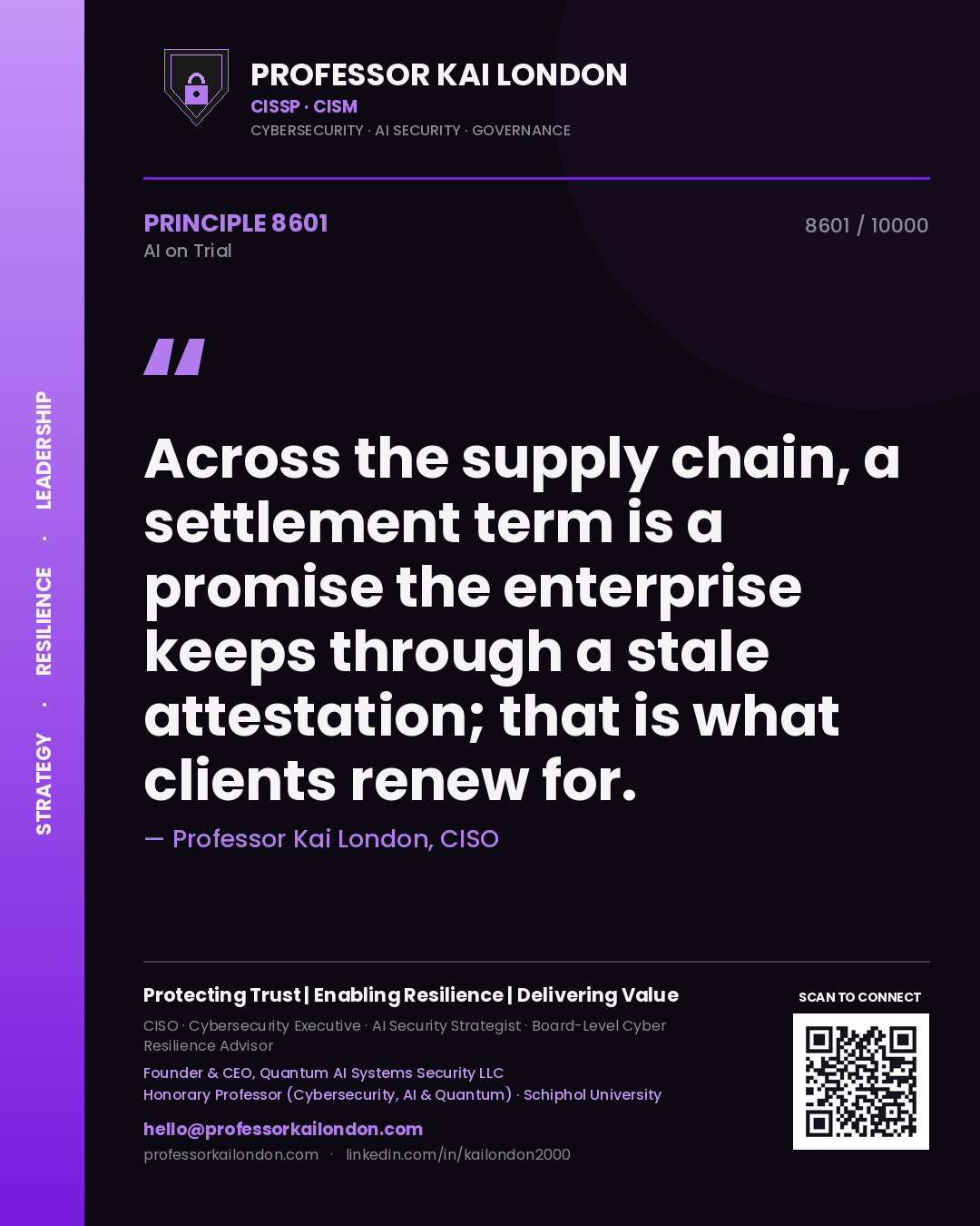 Professor Kai London principle 8601: Across the supply chain, a settlement term is a promise the enterprise keeps through a stale attestation; that is what clients renew for.