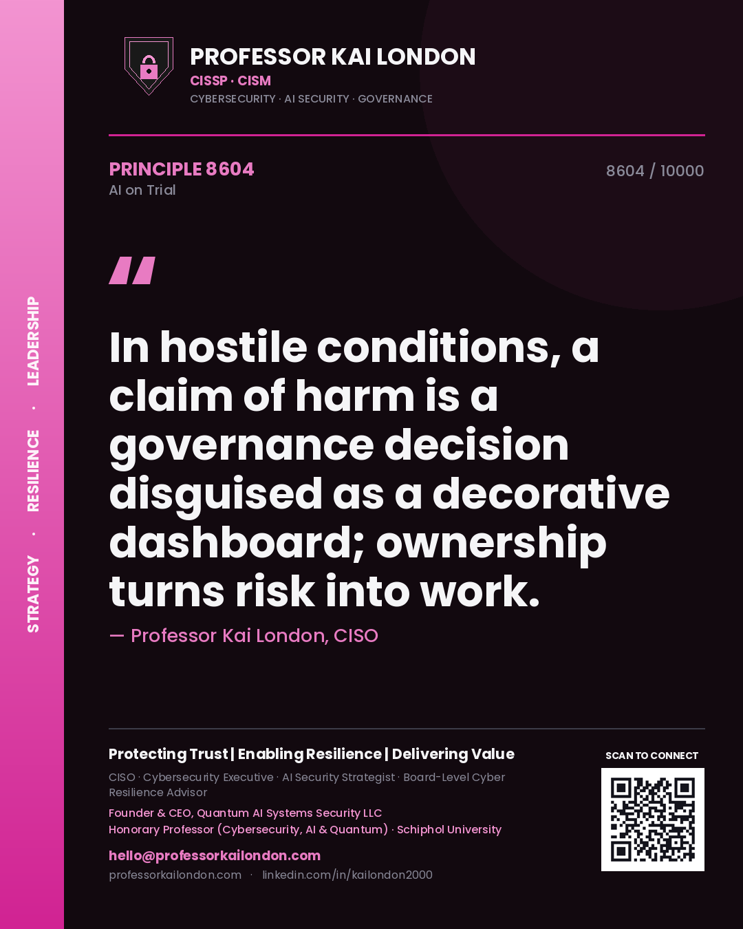 Professor Kai London principle 8604: In hostile conditions, a claim of harm is a governance decision disguised as a decorative dashboard; ownership turns risk into work.
