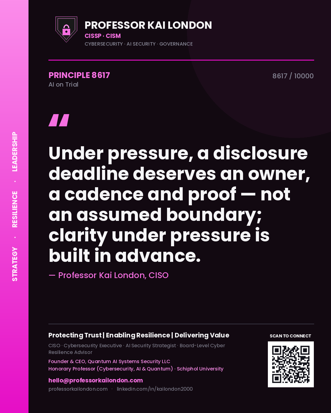 Professor Kai London principle 8617: Under pressure, a disclosure deadline deserves an owner, a cadence and proof — not an assumed boundary; clarity under pressure is built in advance.