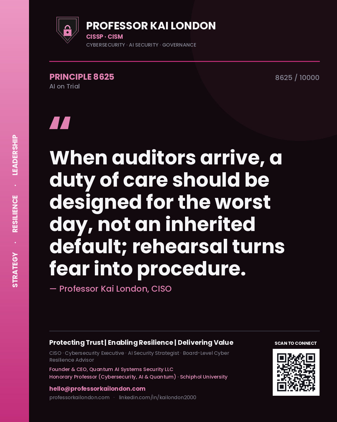 Quote card by Professor Kai London reading 'When auditors arrive, a duty of care should be designed for the worst day, not an inherited default; rehearsal turns fear into procedure.'. From the book AI on Trial.