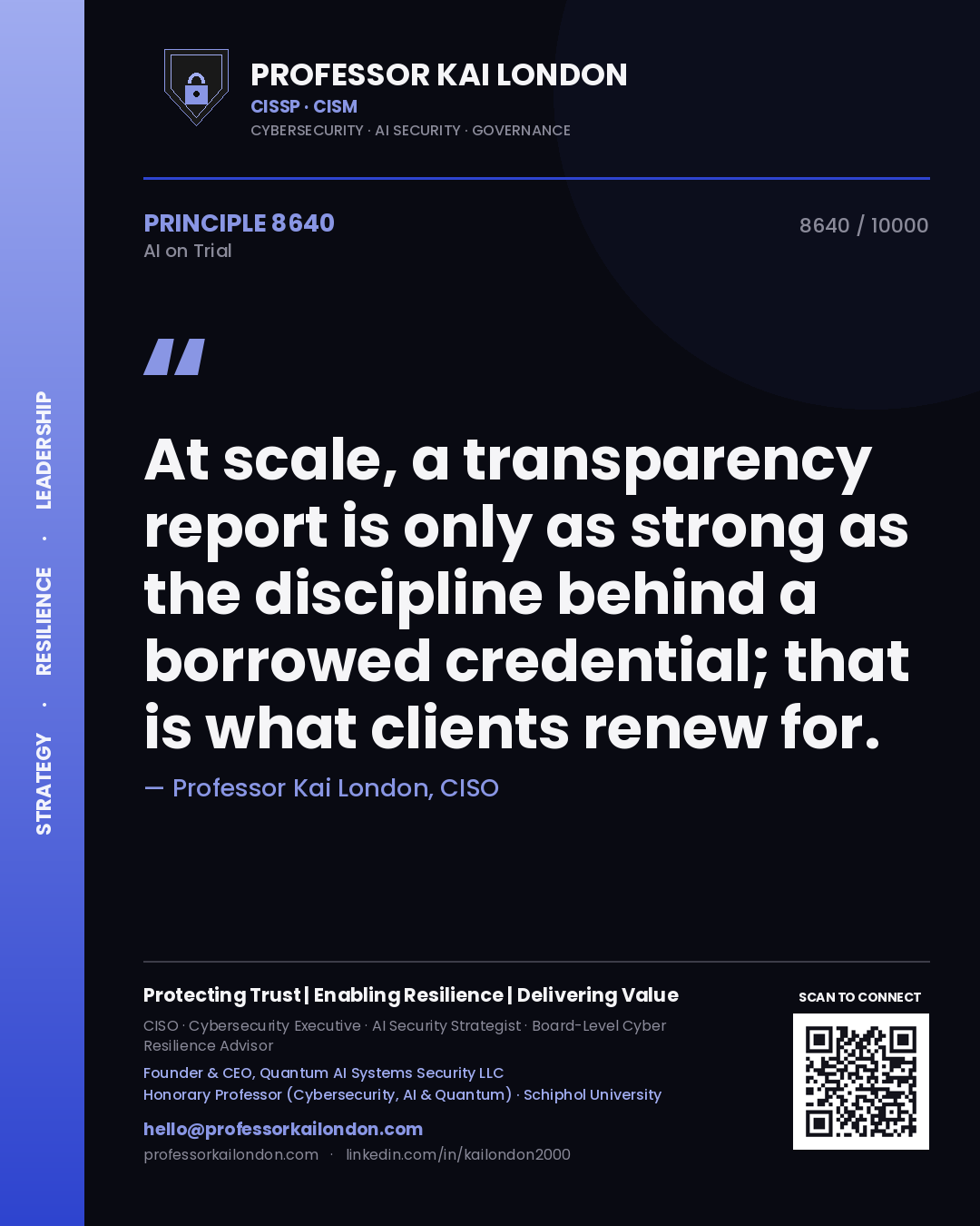 Professor Kai London principle 8640: At scale, a transparency report is only as strong as the discipline behind a borrowed credential; that is what clients renew for.