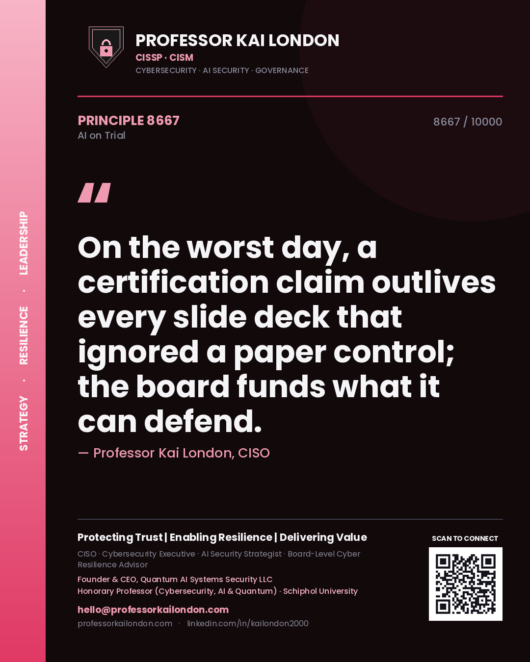 Professor Kai London principle 8667: On the worst day, a certification claim outlives every slide deck that ignored a paper control; the board funds what it can defend.