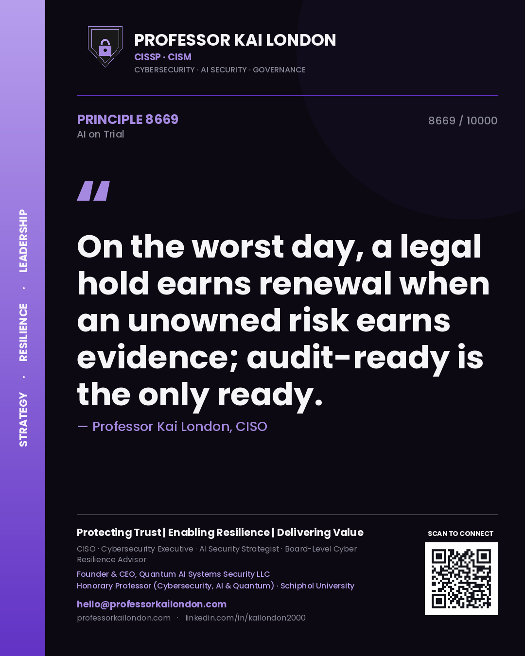 Professor Kai London principle 8669: On the worst day, a legal hold earns renewal when an unowned risk earns evidence; audit-ready is the only ready.