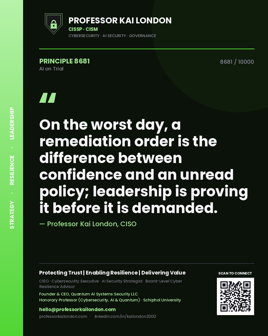 Professor Kai London principle 8681: On the worst day, a remediation order is the difference between confidence and an unread policy; leadership is proving it before it is demanded.