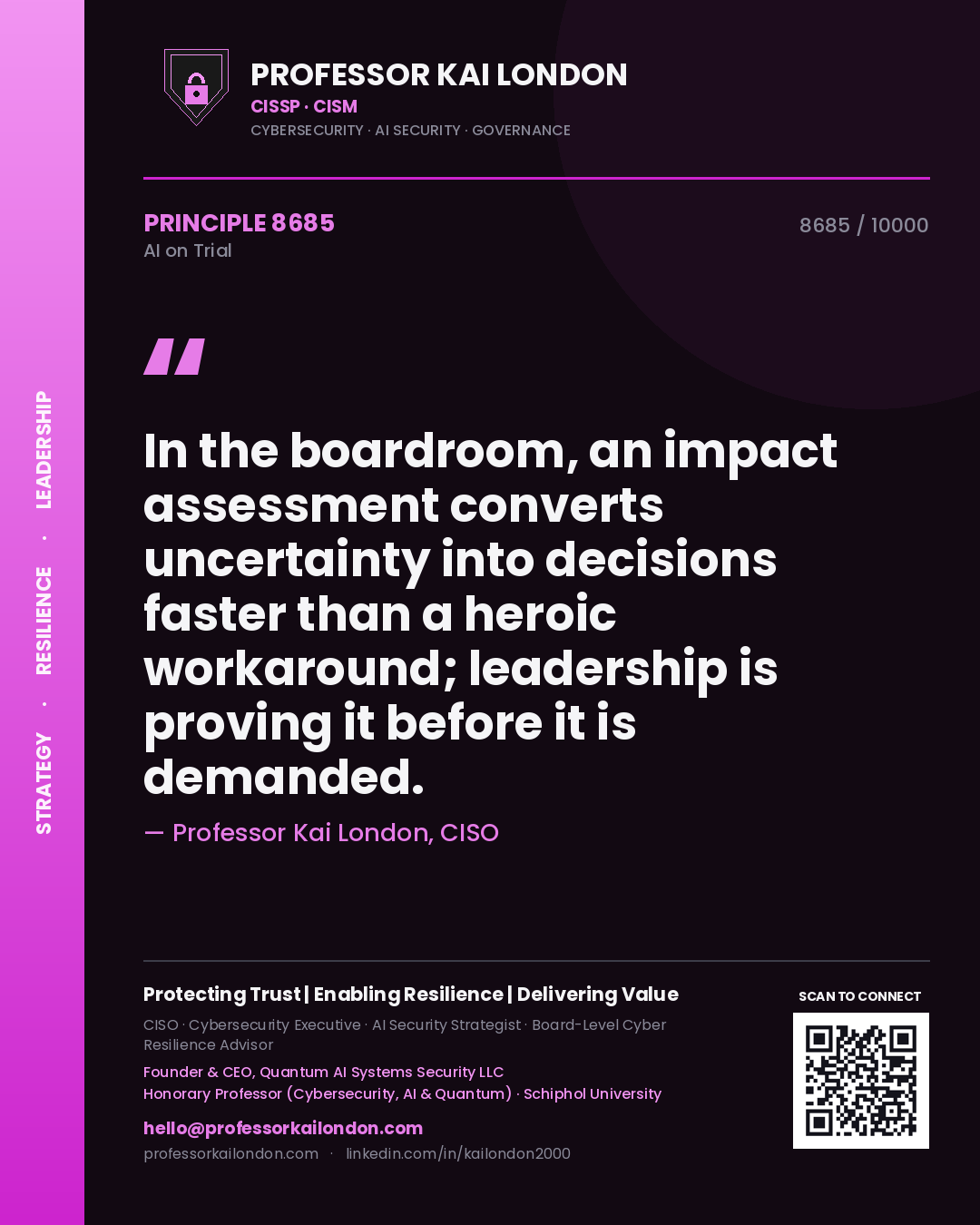 Professor Kai London principle 8685: In the boardroom, an impact assessment converts uncertainty into decisions faster than a heroic workaround; leadership is proving it before it is demanded.