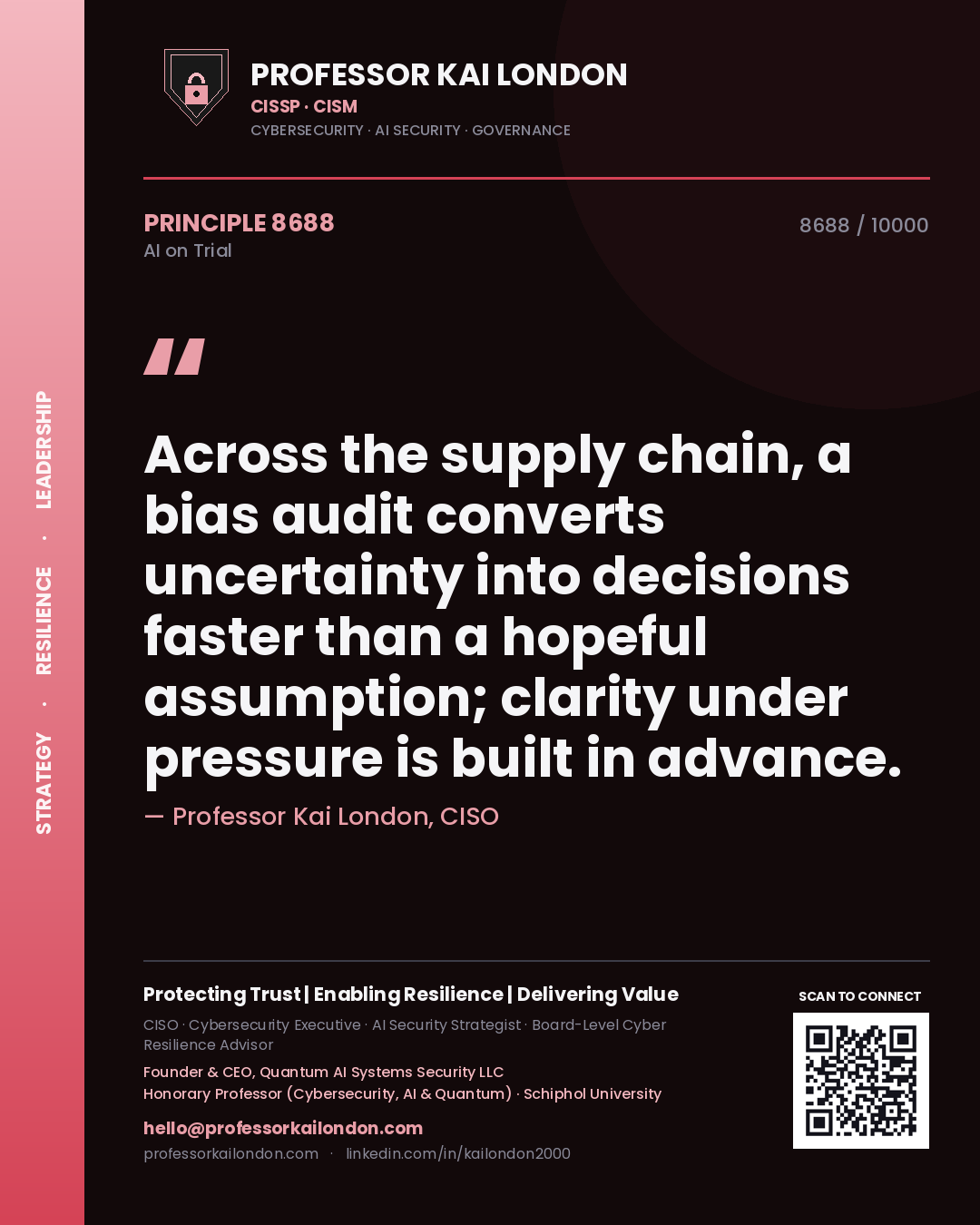 Quote card by Professor Kai London reading 'Across the supply chain, a bias audit converts uncertainty into decisions faster than a hopeful assumption; clarity under pressure is built in advance.'. From the book AI on Trial.