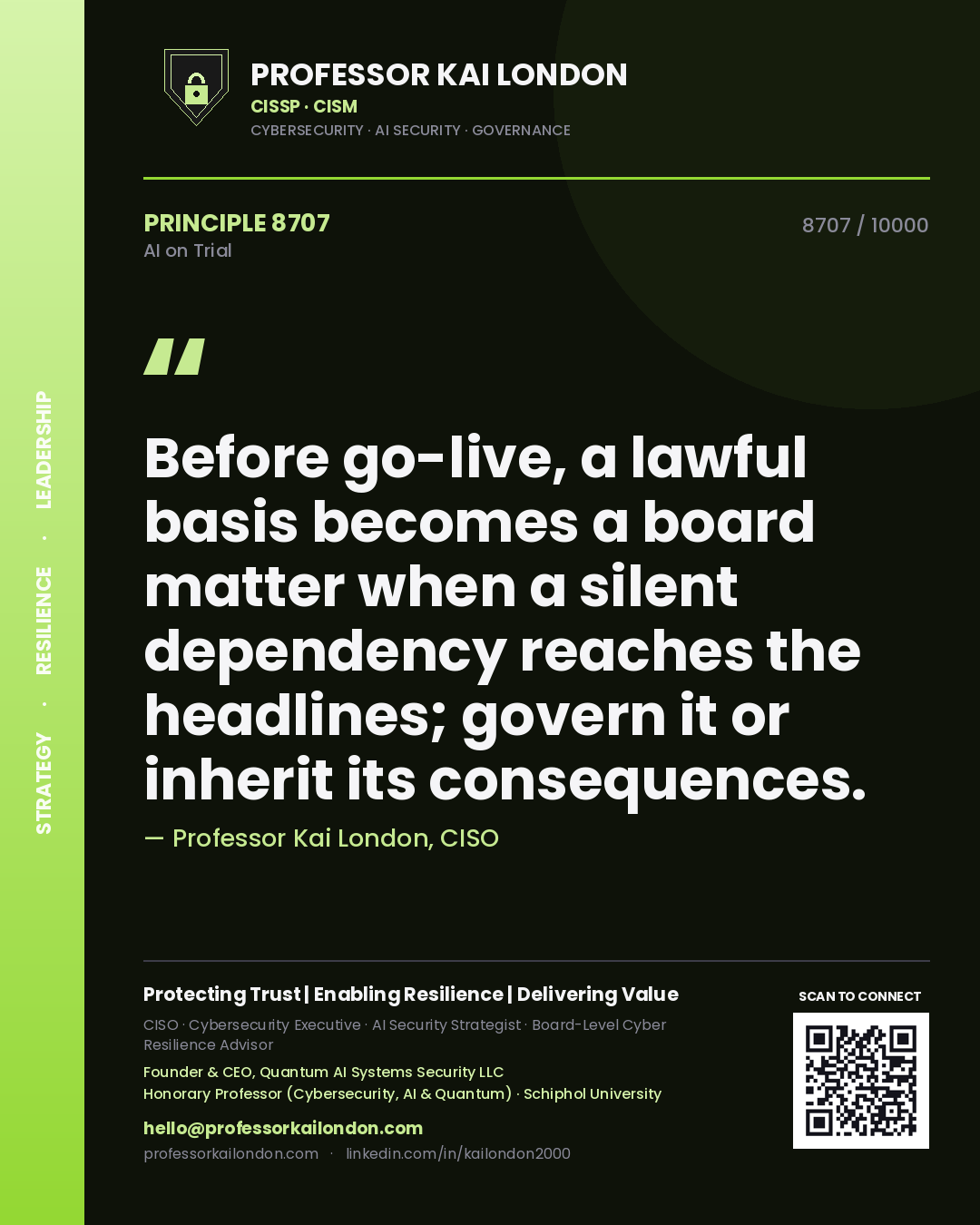 Quote card by Professor Kai London reading 'Before go-live, a lawful basis becomes a board matter when a silent dependency reaches the headlines; govern it or inherit its consequences.'. From the book AI on Trial.
