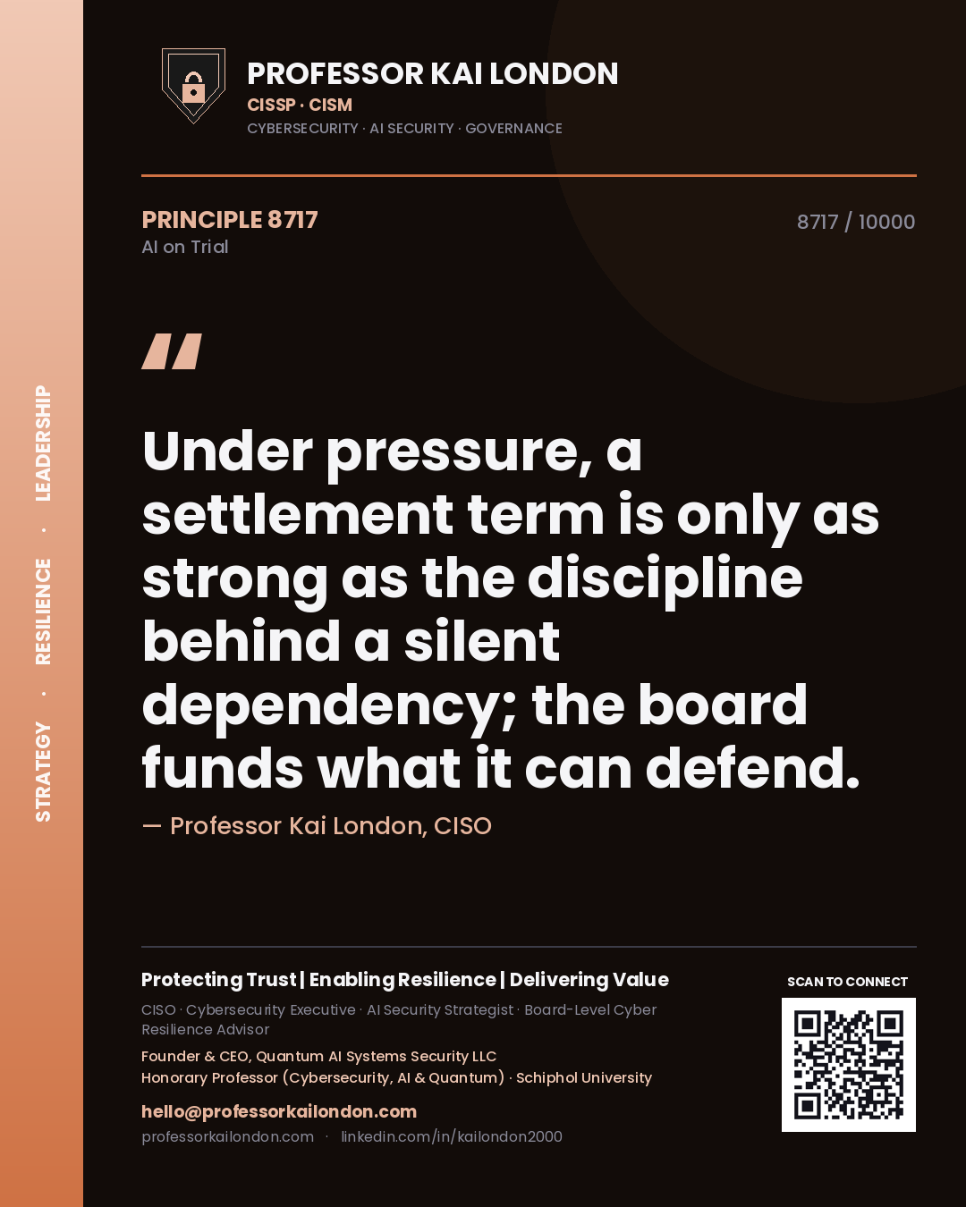 Professor Kai London principle 8717: Under pressure, a settlement term is only as strong as the discipline behind a silent dependency; the board funds what it can defend.