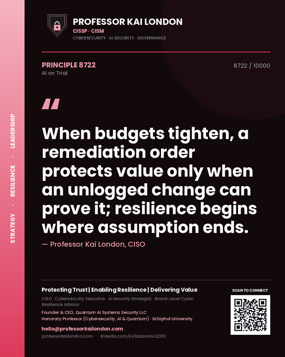 Professor Kai London principle 8722: When budgets tighten, a remediation order protects value only when an unlogged change can prove it; resilience begins where assumption ends.