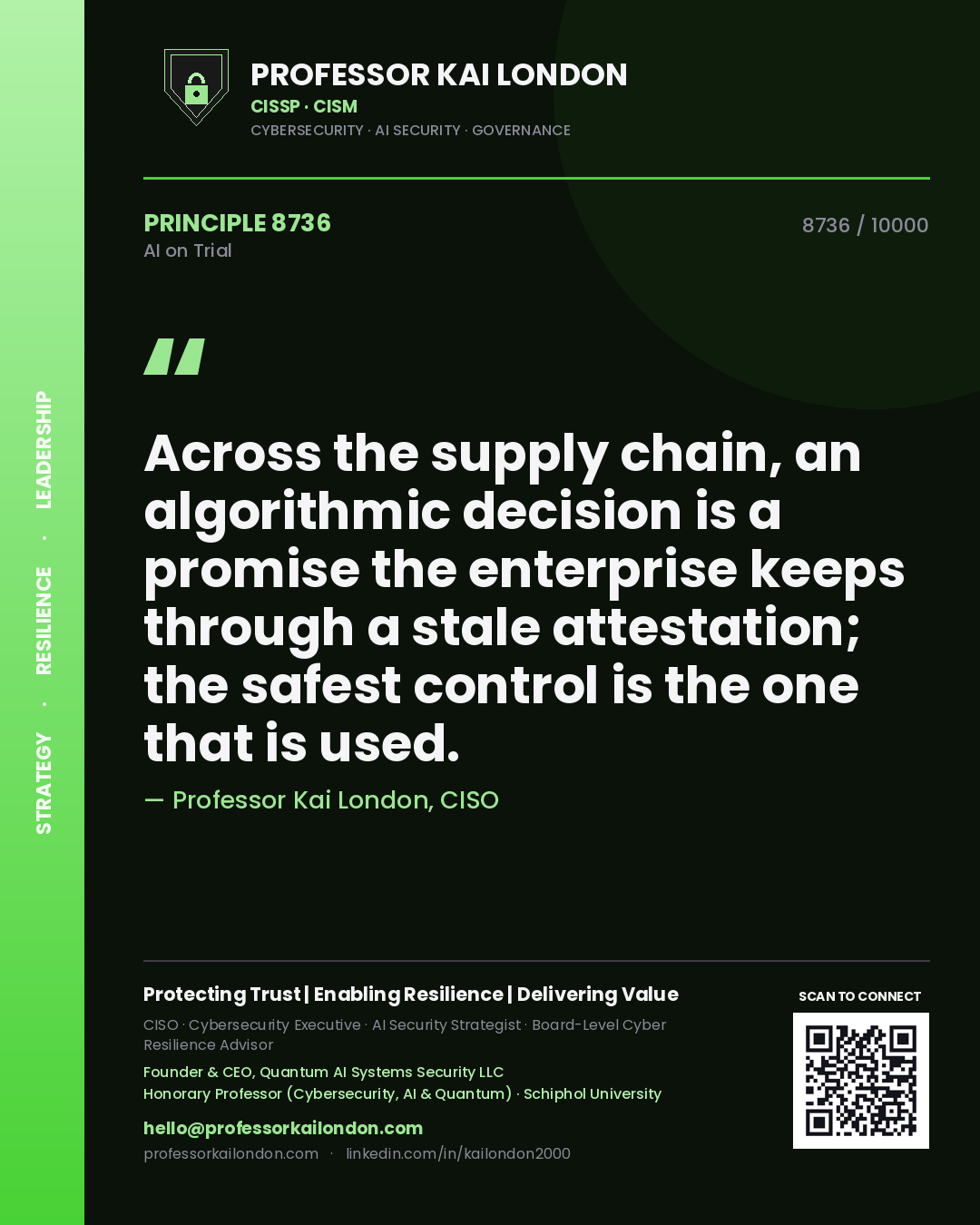Quote card by Professor Kai London reading 'Across the supply chain, an algorithmic decision is a promise the enterprise keeps through a stale attestation; the safest control is the one that is used.'. From the book AI on Trial.