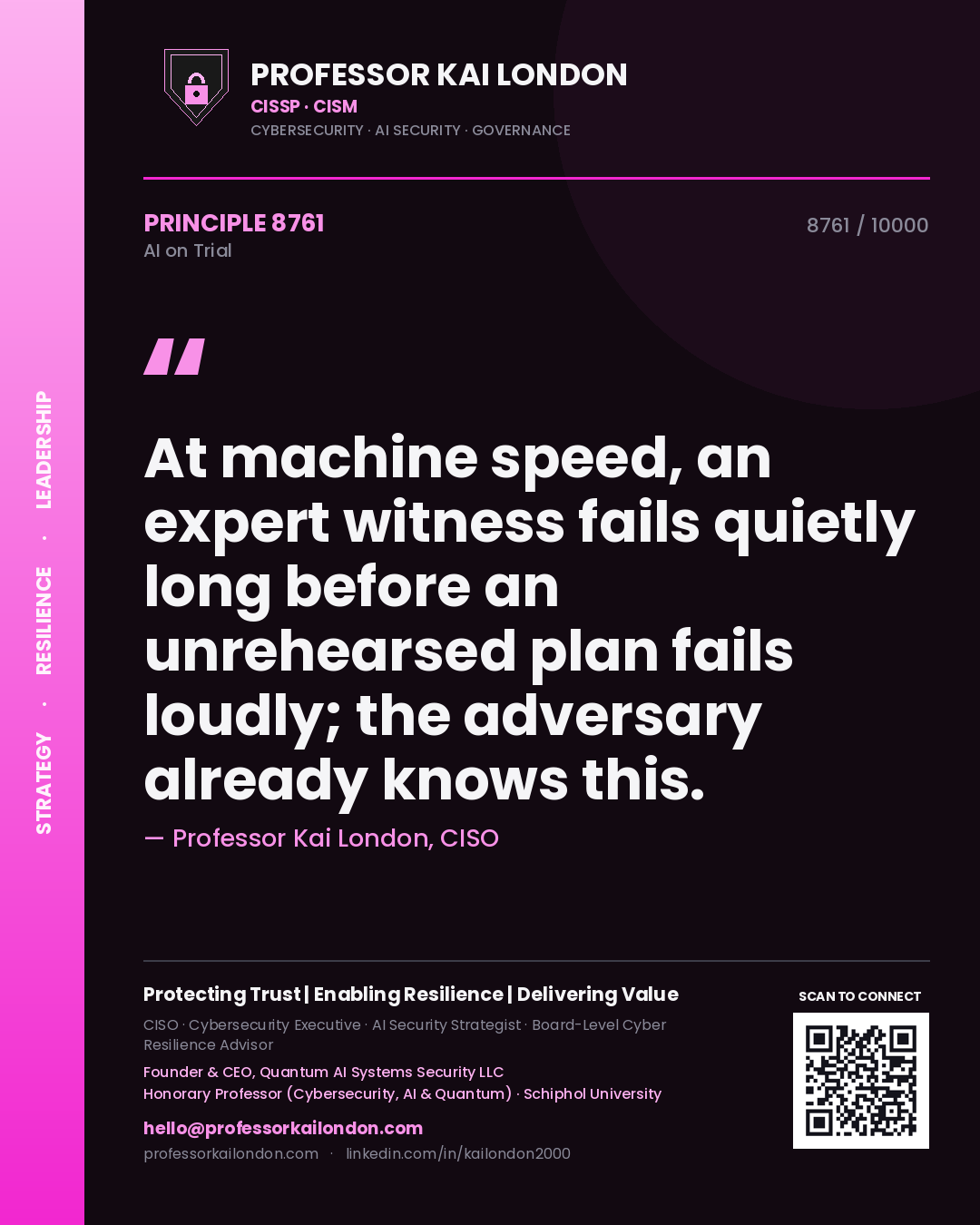 Quote card by Professor Kai London reading 'At machine speed, an expert witness fails quietly long before an unrehearsed plan fails loudly; the adversary already knows this.'. From the book AI on Trial.