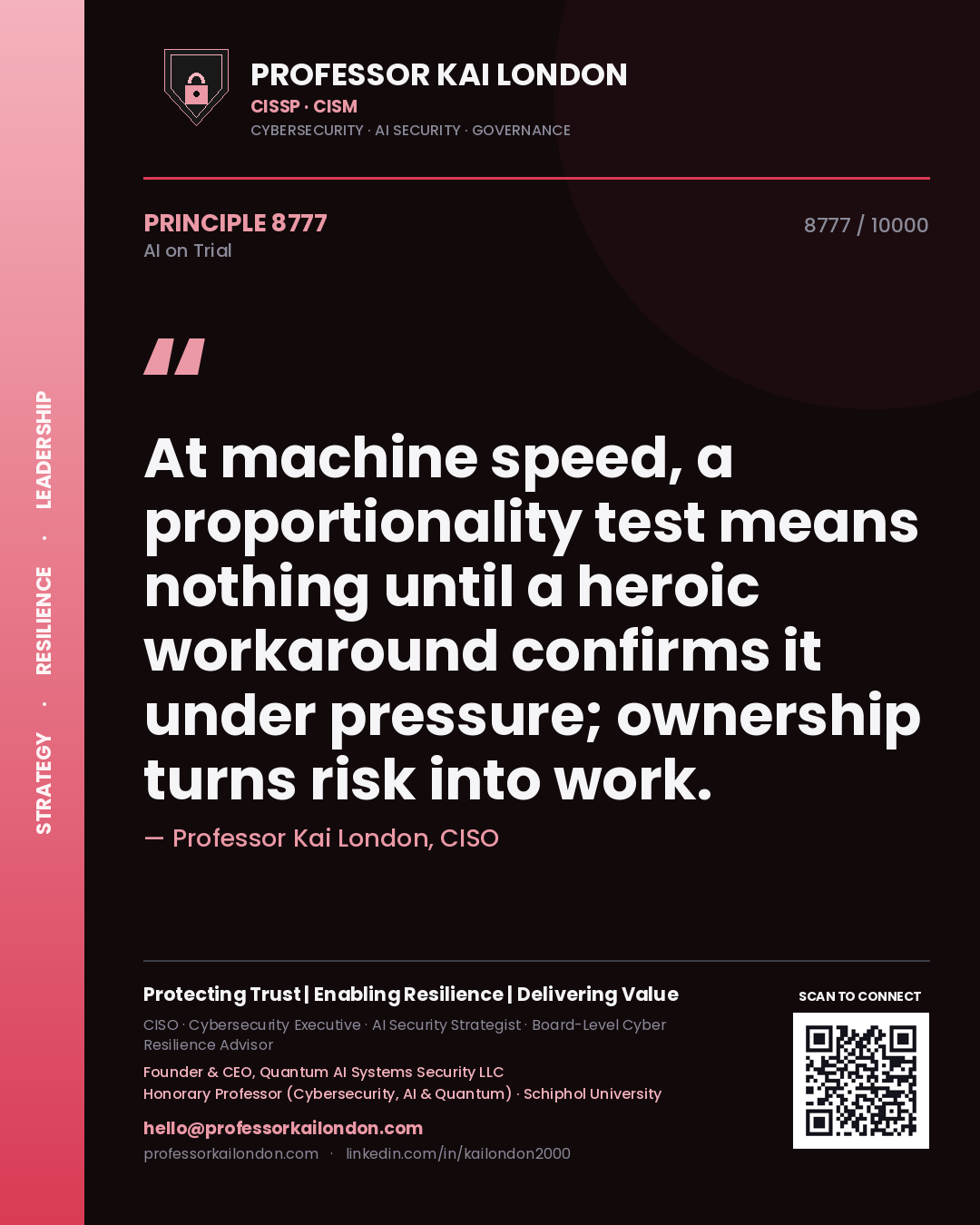 Professor Kai London principle 8777: At machine speed, a proportionality test means nothing until a heroic workaround confirms it under pressure; ownership turns risk into work.