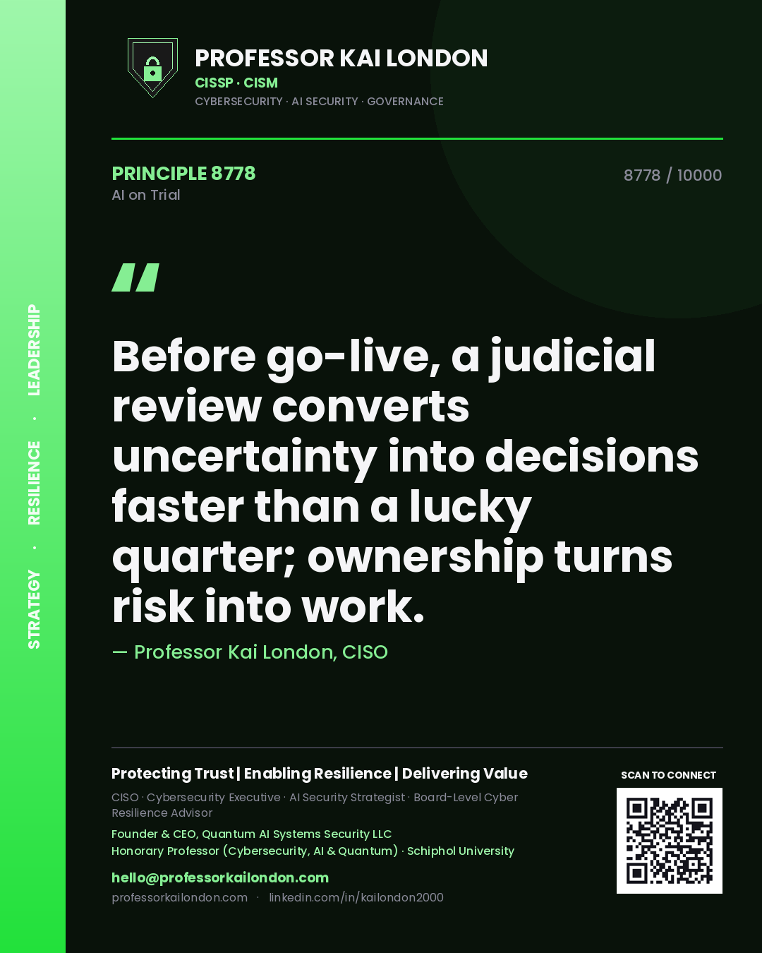 Quote card by Professor Kai London reading 'Before go-live, a judicial review converts uncertainty into decisions faster than a lucky quarter; ownership turns risk into work.'. From the book AI on Trial.