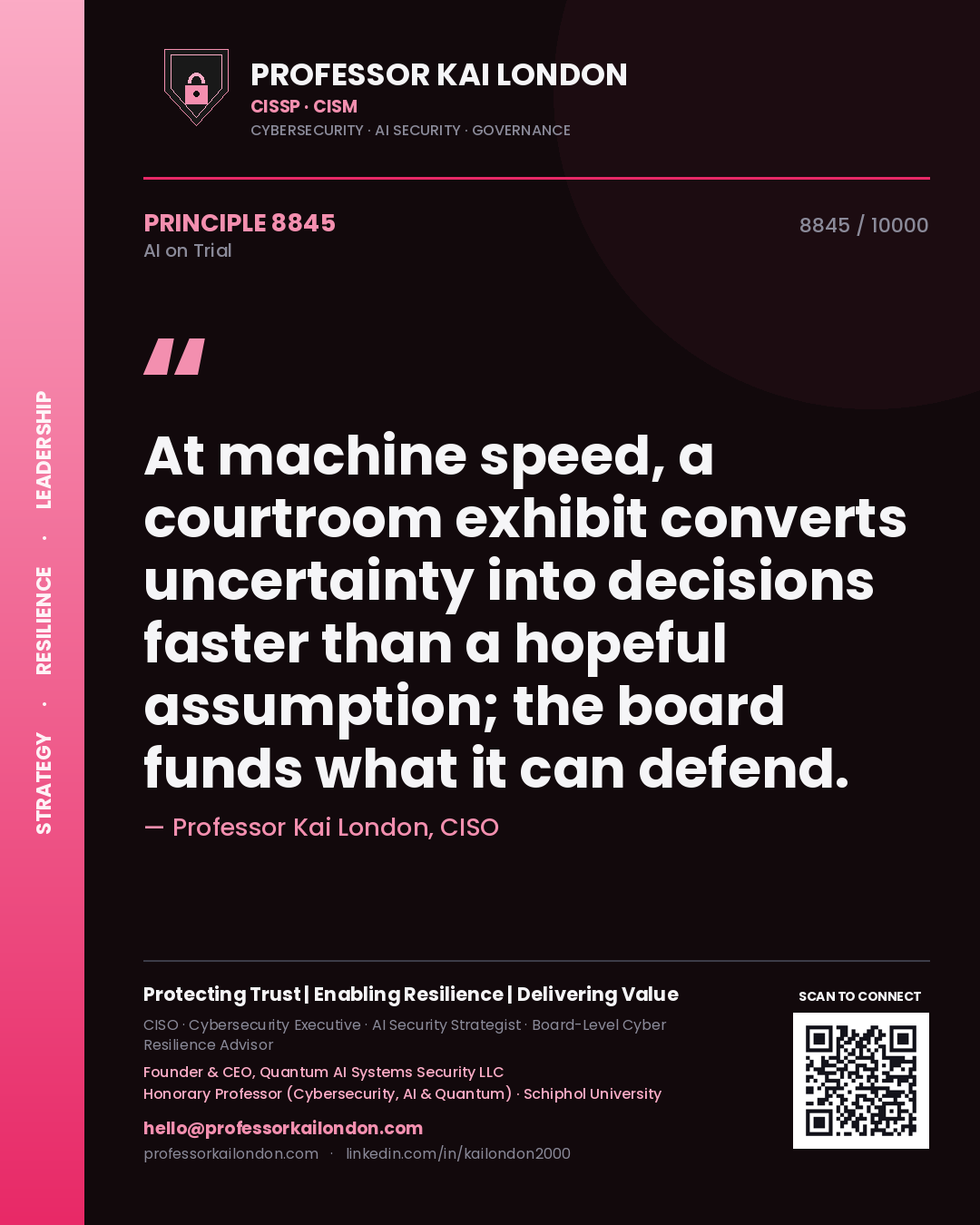 Quote card by Professor Kai London reading 'At machine speed, a courtroom exhibit converts uncertainty into decisions faster than a hopeful assumption; the board funds what it can defend.'. From the book AI on Trial.