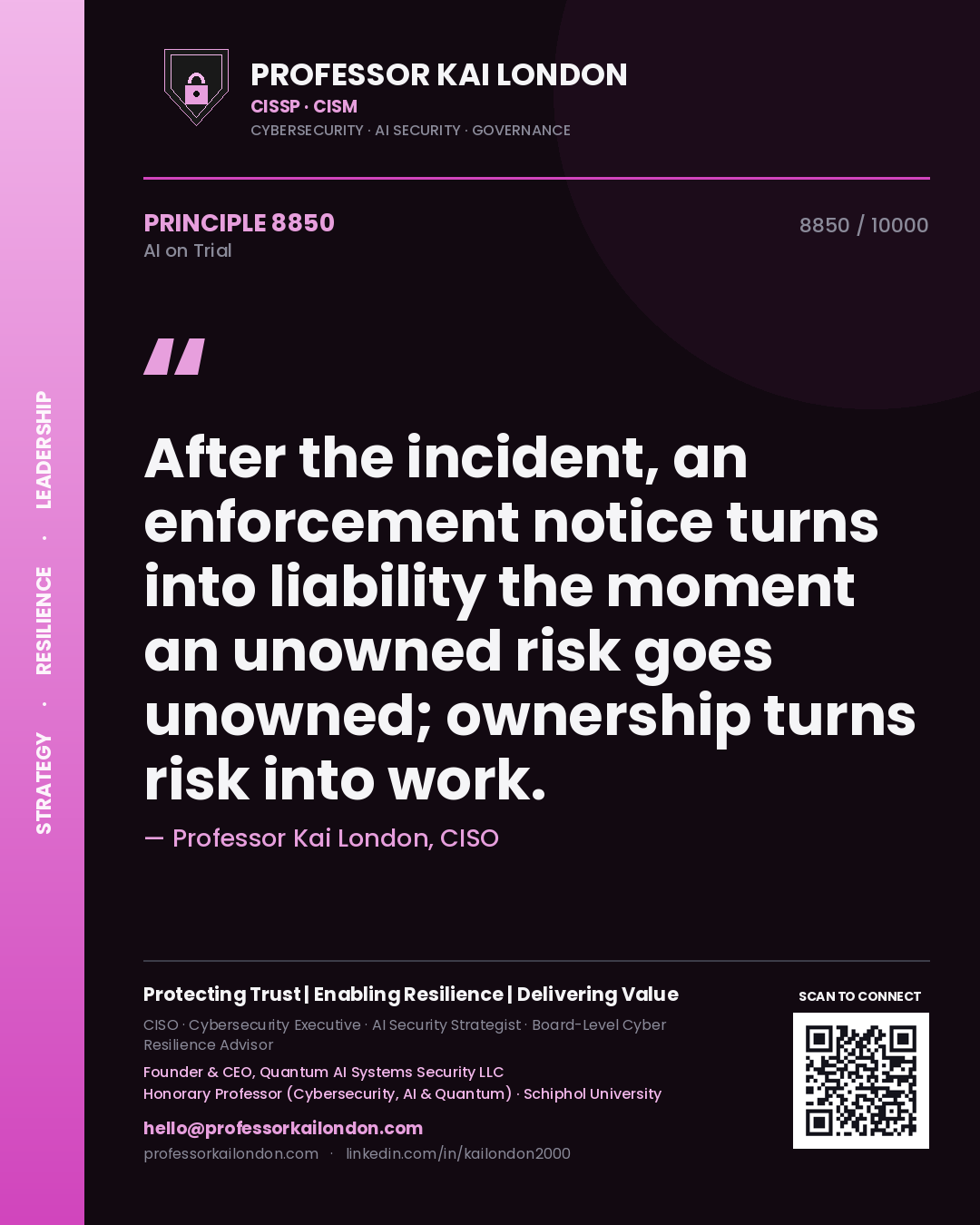Quote card by Professor Kai London reading 'After the incident, an enforcement notice turns into liability the moment an unowned risk goes unowned; ownership turns risk into work.'. From the book AI on Trial.