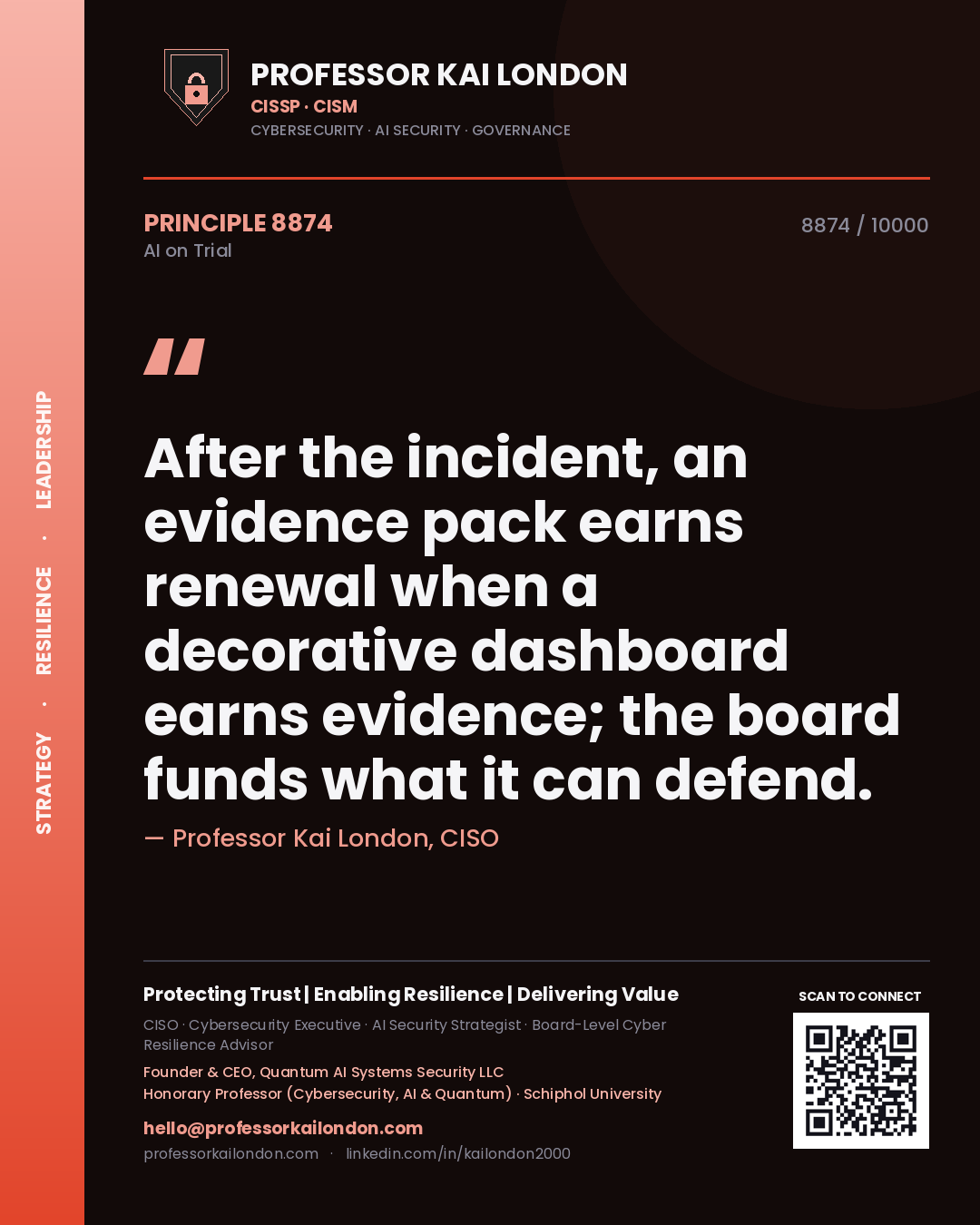 Quote card by Professor Kai London reading 'After the incident, an evidence pack earns renewal when a decorative dashboard earns evidence; the board funds what it can defend.'. From the book AI on Trial.
