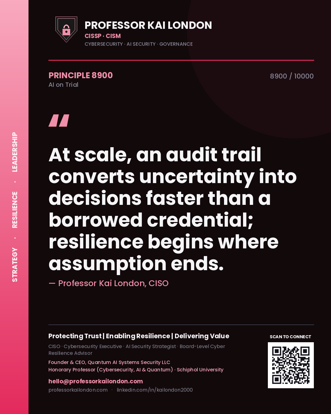 Quote card by Professor Kai London reading 'At scale, an audit trail converts uncertainty into decisions faster than a borrowed credential; resilience begins where assumption ends.'. From the book AI on Trial.
