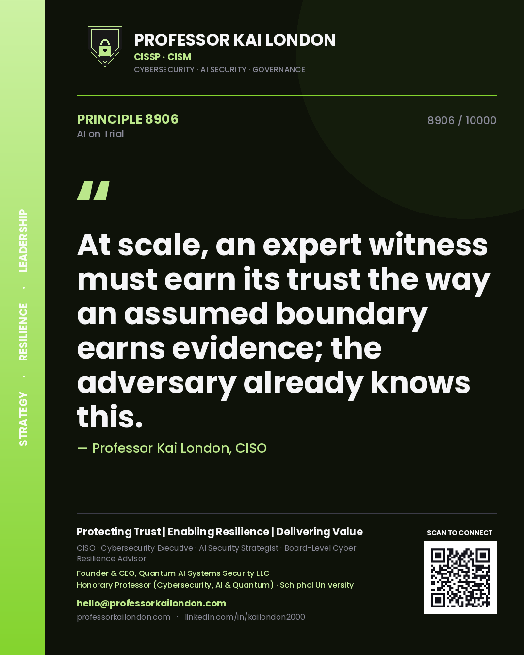 Quote card by Professor Kai London reading 'At scale, an expert witness must earn its trust the way an assumed boundary earns evidence; the adversary already knows this.'. From the book AI on Trial.
