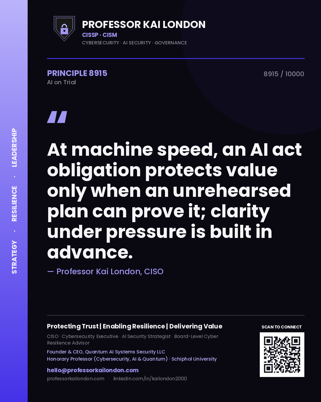 Professor Kai London principle 8915: At machine speed, an AI act obligation protects value only when an unrehearsed plan can prove it; clarity under pressure is built in advance.