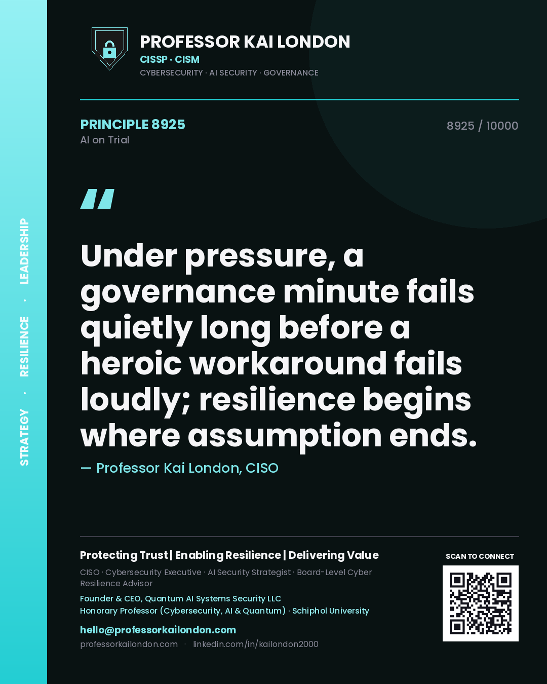 Professor Kai London principle 8925: Under pressure, a governance minute fails quietly long before a heroic workaround fails loudly; resilience begins where assumption ends.