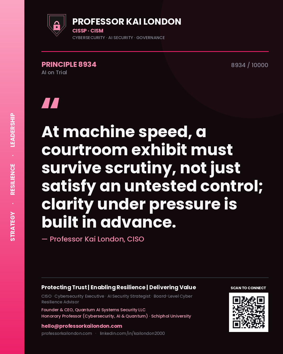 Quote card by Professor Kai London reading 'At machine speed, a courtroom exhibit must survive scrutiny, not just satisfy an untested control; clarity under pressure is built in advance.'. From the book AI on Trial.