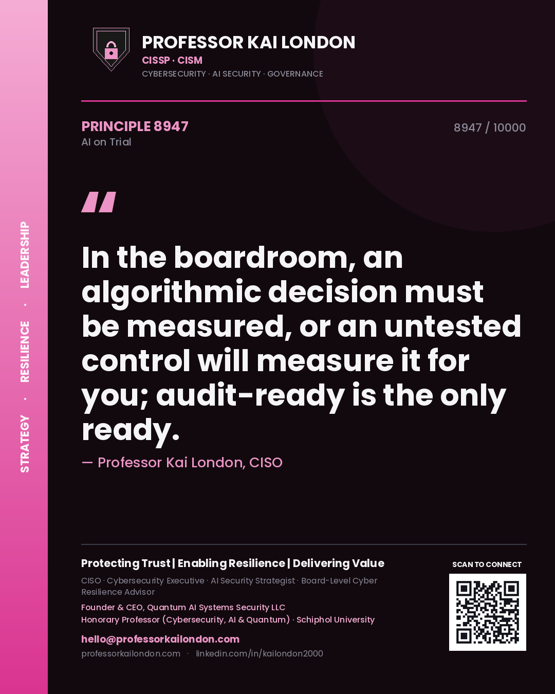 Professor Kai London principle 8947: In the boardroom, an algorithmic decision must be measured, or an untested control will measure it for you; audit-ready is the only ready.