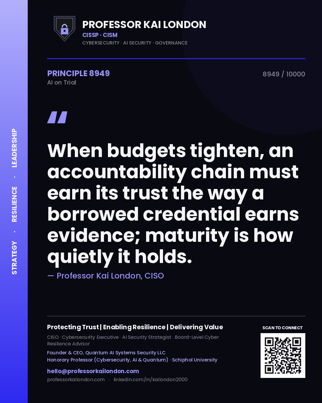 Quote card by Professor Kai London reading 'When budgets tighten, an accountability chain must earn its trust the way a borrowed credential earns evidence; maturity is how quietly it holds.'. From the book AI on Trial.