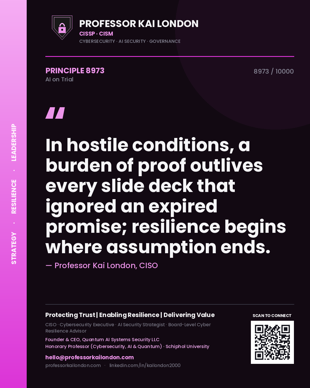 Quote card by Professor Kai London reading 'In hostile conditions, a burden of proof outlives every slide deck that ignored an expired promise; resilience begins where assumption ends.'. From the book AI on Trial.