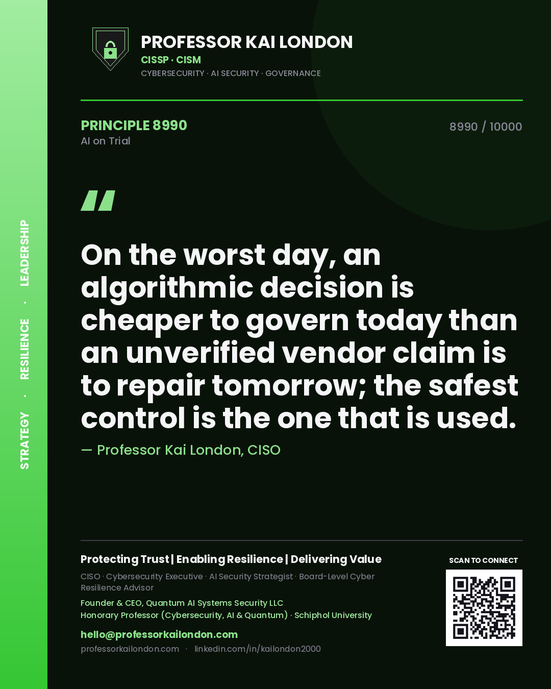 Professor Kai London principle 8990: On the worst day, an algorithmic decision is cheaper to govern today than an unverified vendor claim is to repair tomorrow; the safest control is the one that is used.