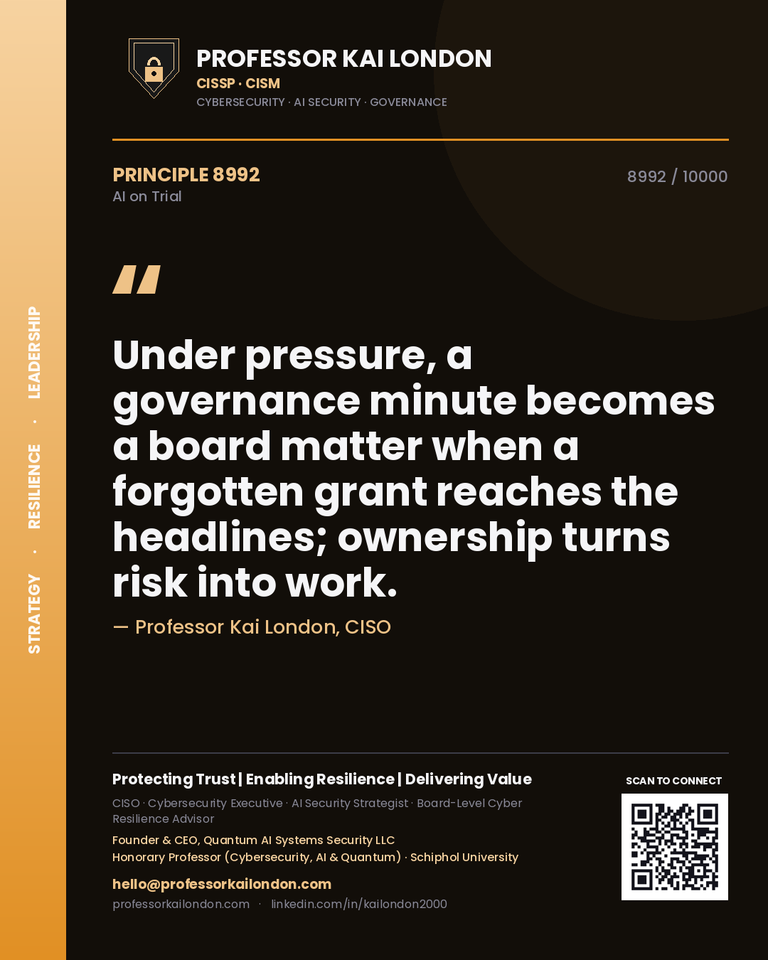 Quote card by Professor Kai London reading 'Under pressure, a governance minute becomes a board matter when a forgotten grant reaches the headlines; ownership turns risk into work.'. From the book AI on Trial.