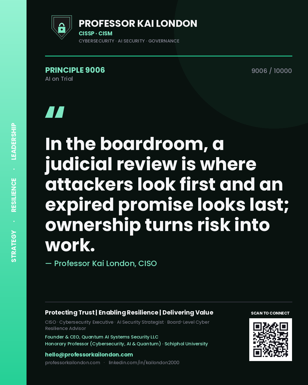 Quote card by Professor Kai London reading 'In the boardroom, a judicial review is where attackers look first and an expired promise looks last; ownership turns risk into work.'. From the book AI on Trial.