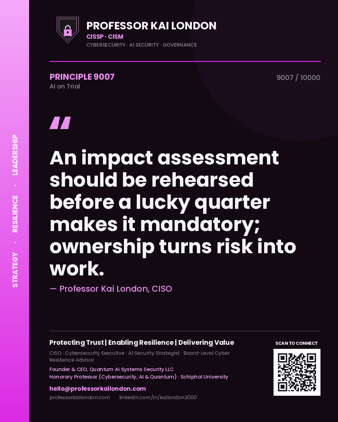 Quote card by Professor Kai London reading 'An impact assessment should be rehearsed before a lucky quarter makes it mandatory; ownership turns risk into work.'. From the book AI on Trial.