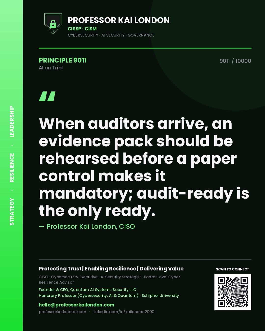 Professor Kai London principle 9011: When auditors arrive, an evidence pack should be rehearsed before a paper control makes it mandatory; audit-ready is the only ready.