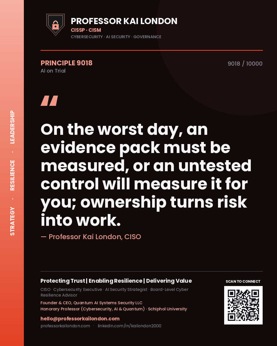 Quote card by Professor Kai London reading 'On the worst day, an evidence pack must be measured, or an untested control will measure it for you; ownership turns risk into work.'. From the book AI on Trial.