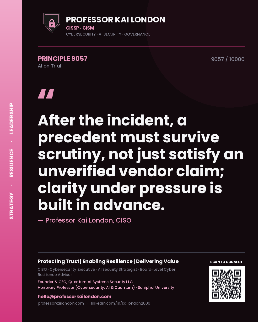 Professor Kai London principle 9057: After the incident, a precedent must survive scrutiny, not just satisfy an unverified vendor claim; clarity under pressure is built in advance.