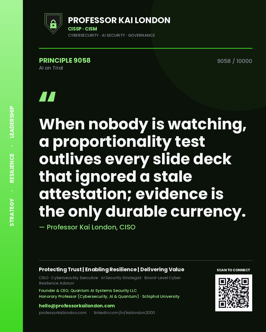 Quote card by Professor Kai London reading 'When nobody is watching, a proportionality test outlives every slide deck that ignored a stale attestation; evidence is the only durable currency.'. From the book AI on Trial.