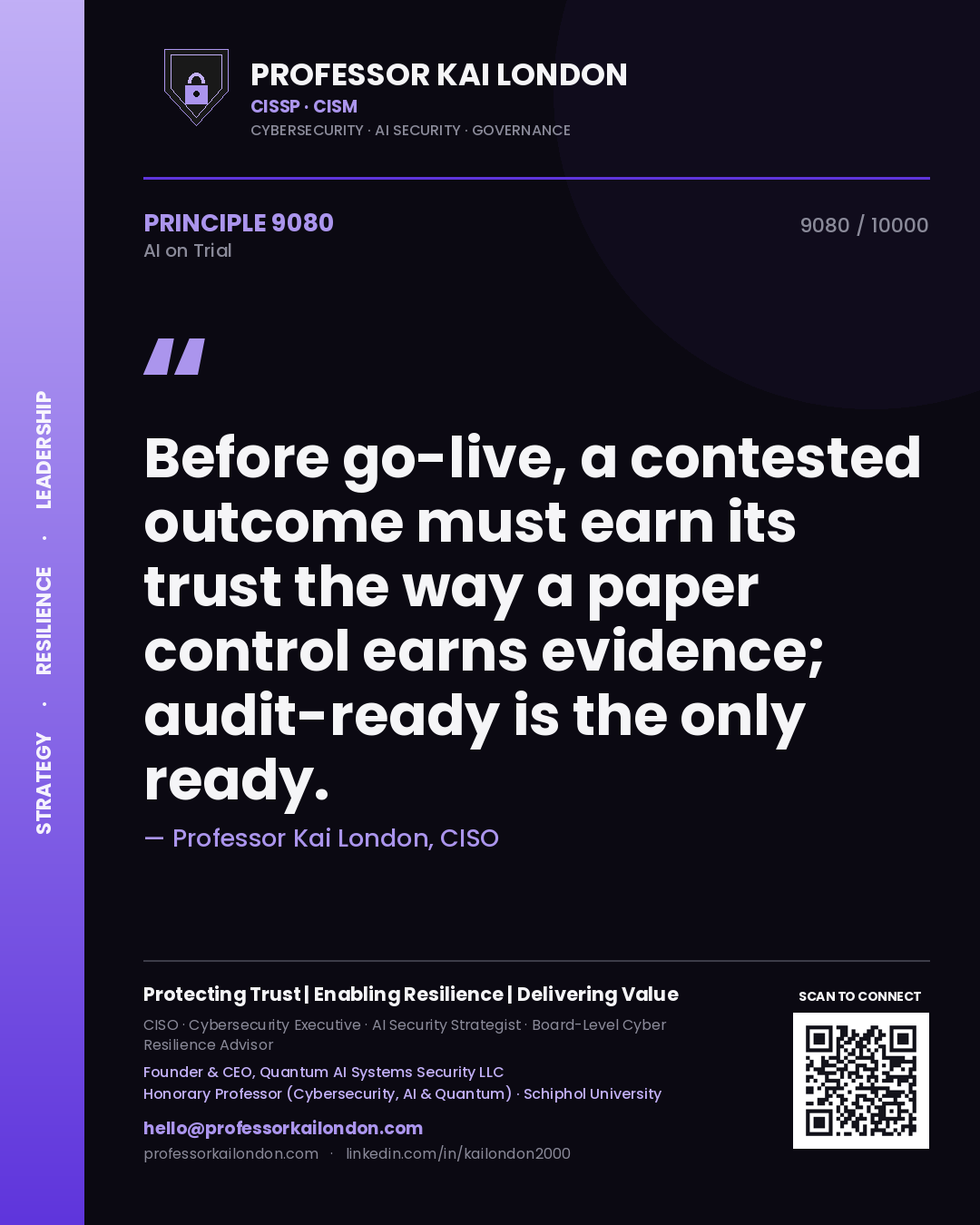 Professor Kai London principle 9080: Before go-live, a contested outcome must earn its trust the way a paper control earns evidence; audit-ready is the only ready.