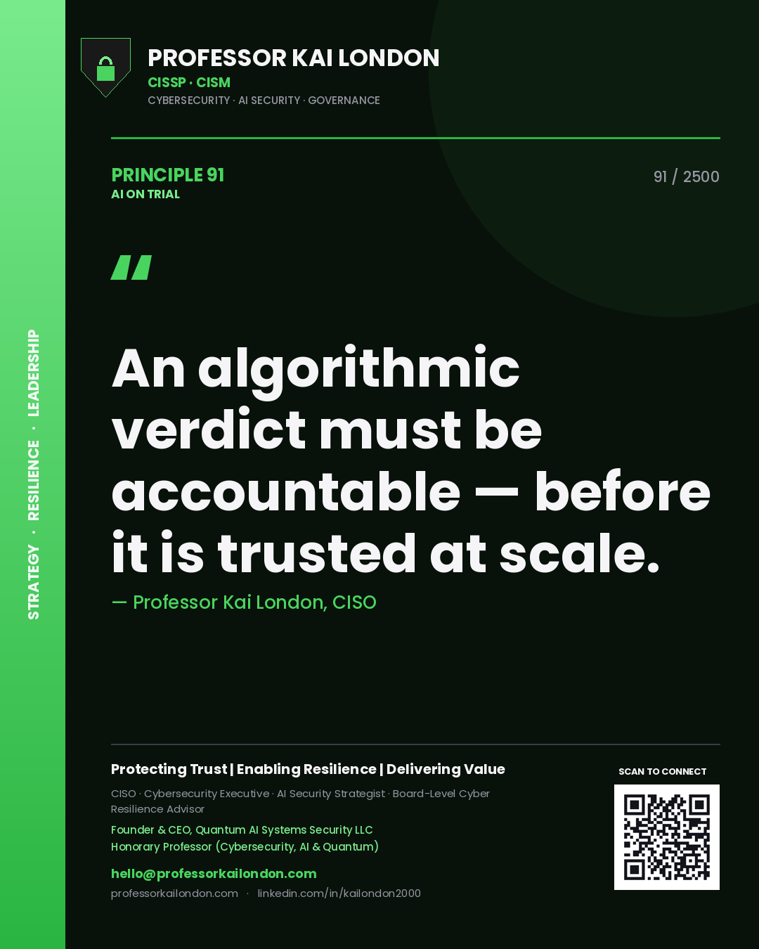 Professor Kai London principle 91: An algorithmic verdict must be accountable — before it is trusted at scale.