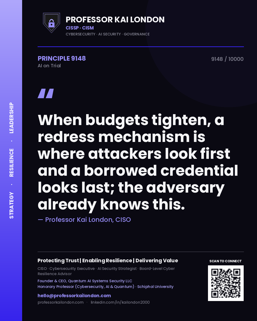 Quote card by Professor Kai London reading 'When budgets tighten, a redress mechanism is where attackers look first and a borrowed credential looks last; the adversary already knows this.'. From the book AI on Trial.