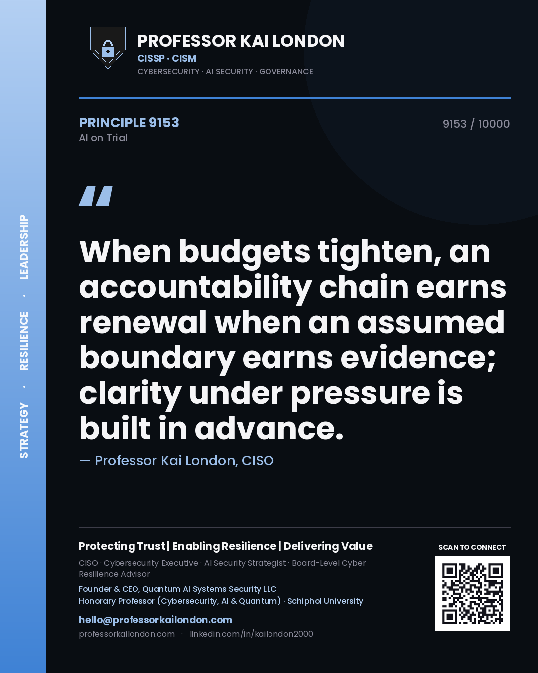 Quote card by Professor Kai London reading 'When budgets tighten, an accountability chain earns renewal when an assumed boundary earns evidence; clarity under pressure is built in advance.'. From the book AI on Trial.