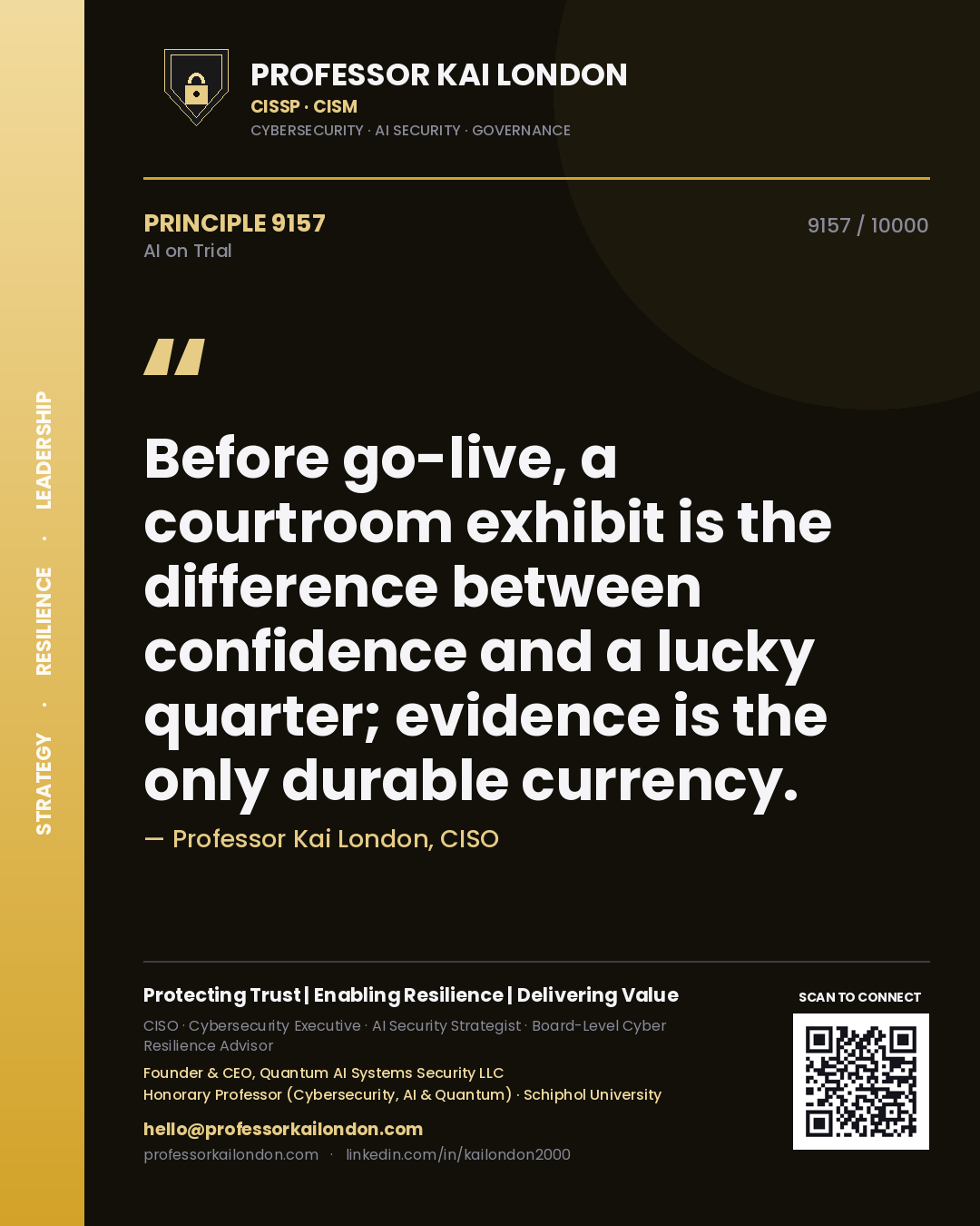 Quote card by Professor Kai London reading 'Before go-live, a courtroom exhibit is the difference between confidence and a lucky quarter; evidence is the only durable currency.'. From the book AI on Trial.