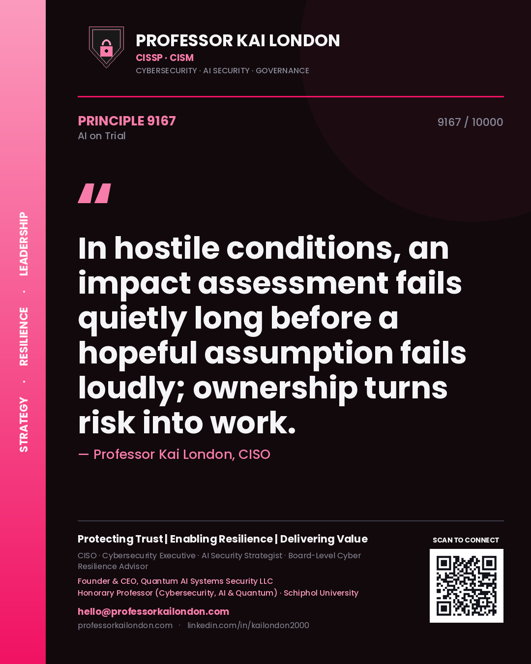 Quote card by Professor Kai London reading 'In hostile conditions, an impact assessment fails quietly long before a hopeful assumption fails loudly; ownership turns risk into work.'. From the book AI on Trial.