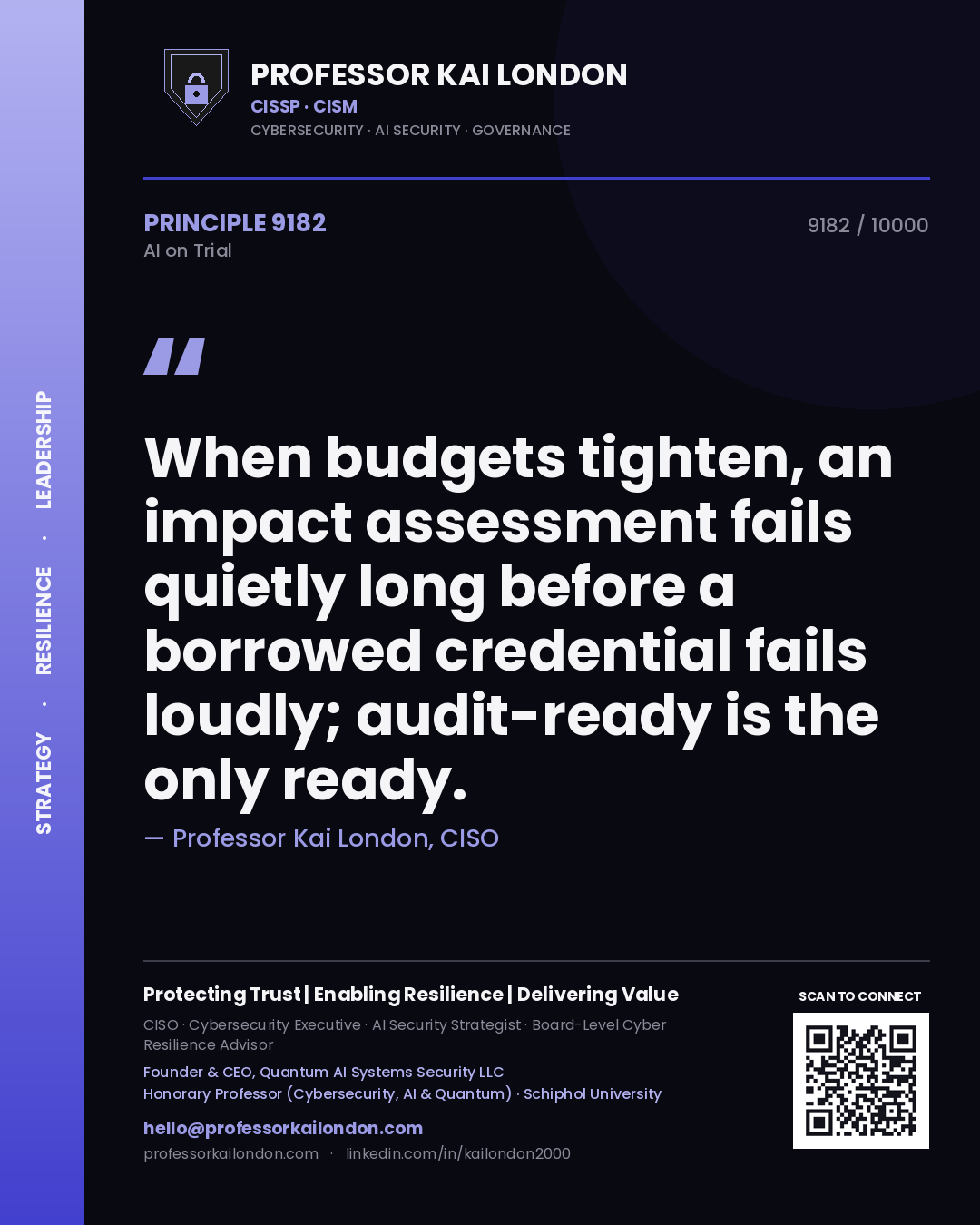 Quote card by Professor Kai London reading 'When budgets tighten, an impact assessment fails quietly long before a borrowed credential fails loudly; audit-ready is the only ready.'. From the book AI on Trial.