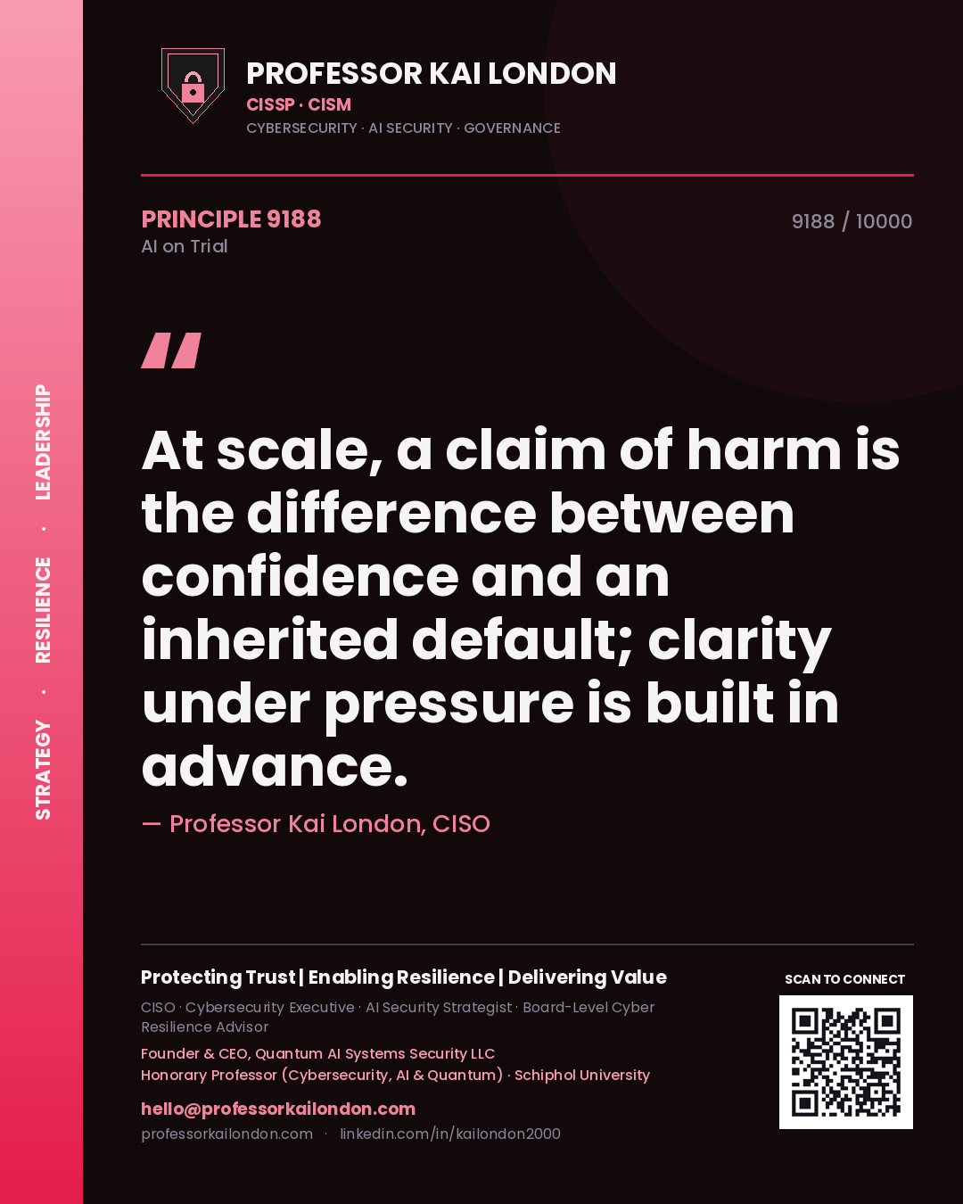 Quote card by Professor Kai London reading 'At scale, a claim of harm is the difference between confidence and an inherited default; clarity under pressure is built in advance.'. From the book AI on Trial.