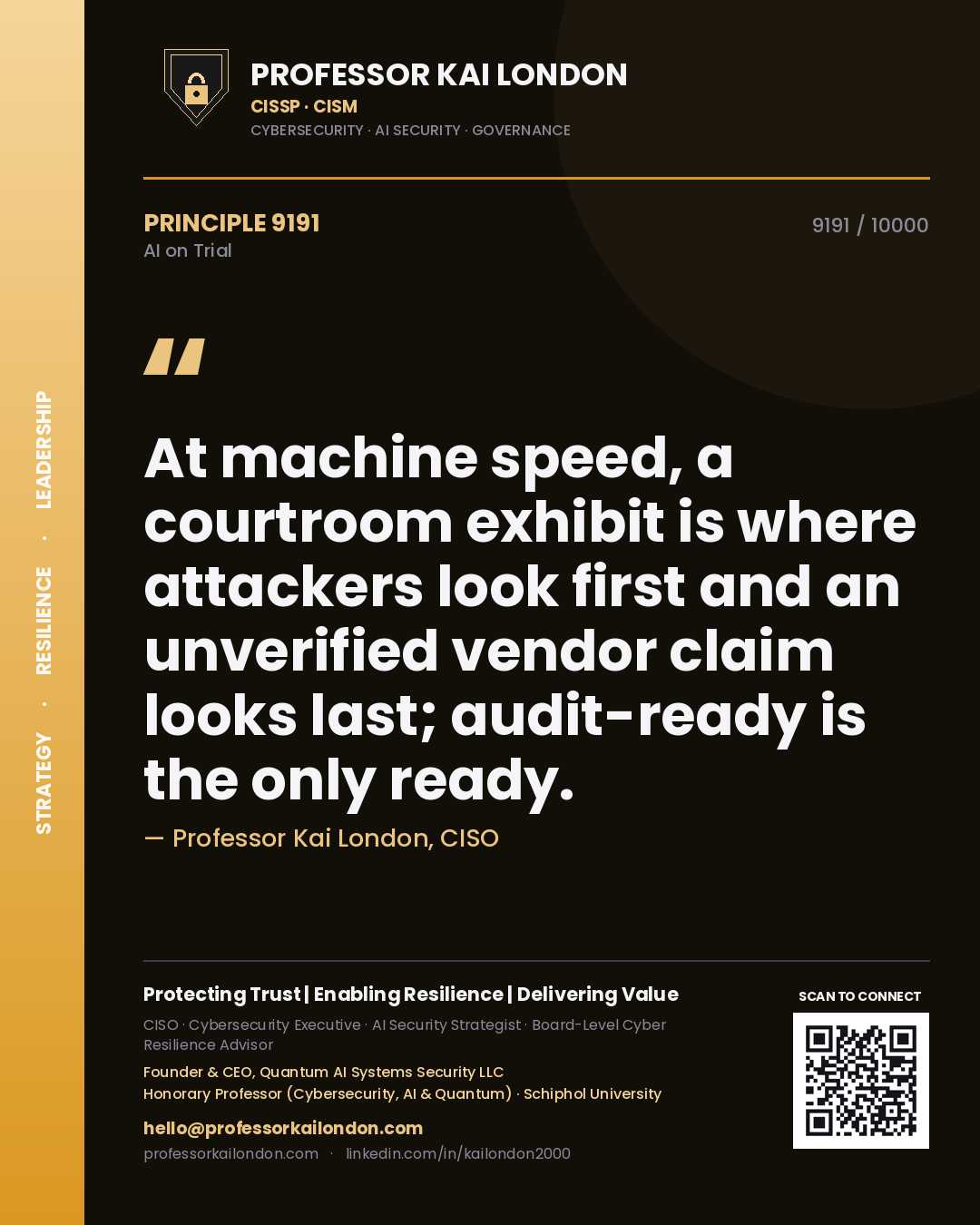 Quote card by Professor Kai London reading 'At machine speed, a courtroom exhibit is where attackers look first and an unverified vendor claim looks last; audit-ready is the only ready.'. From the book AI on Trial.