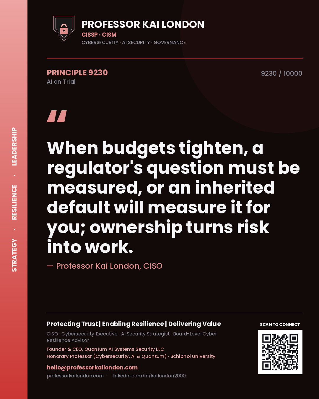Professor Kai London principle 9230: When budgets tighten, a regulator's question must be measured, or an inherited default will measure it for you; ownership turns risk into work.